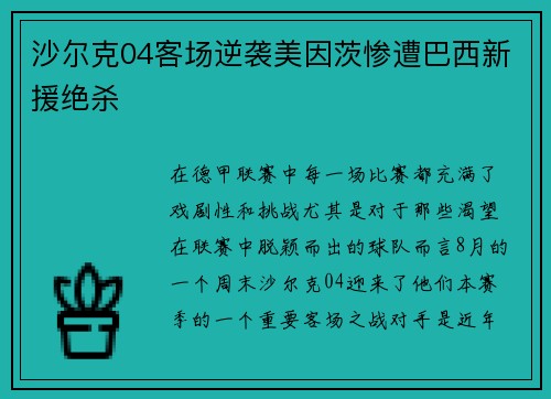 沙尔克04客场逆袭美因茨惨遭巴西新援绝杀